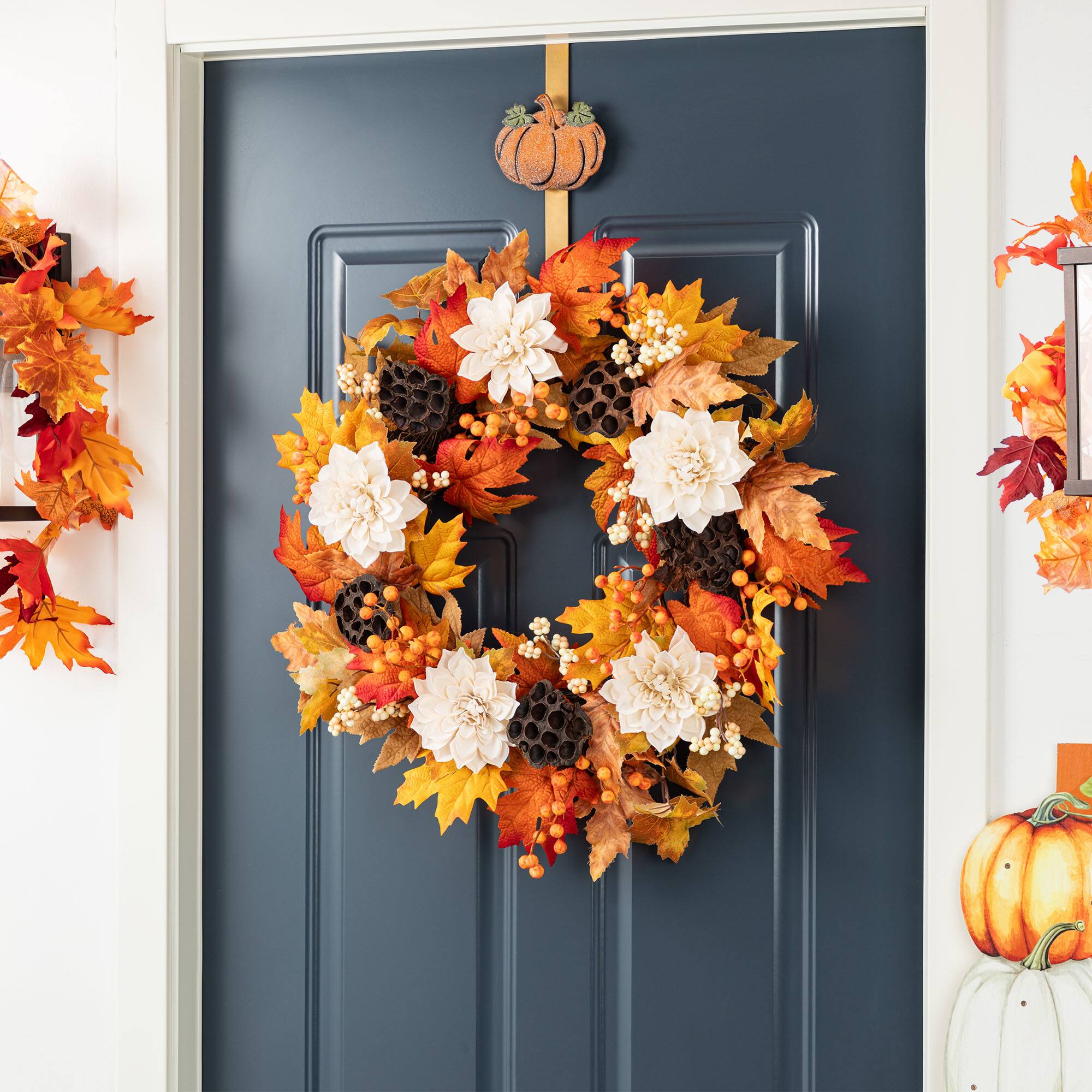Glitzhome® 24" Fall Dahlia, Lotus Pod and Berry Wreath